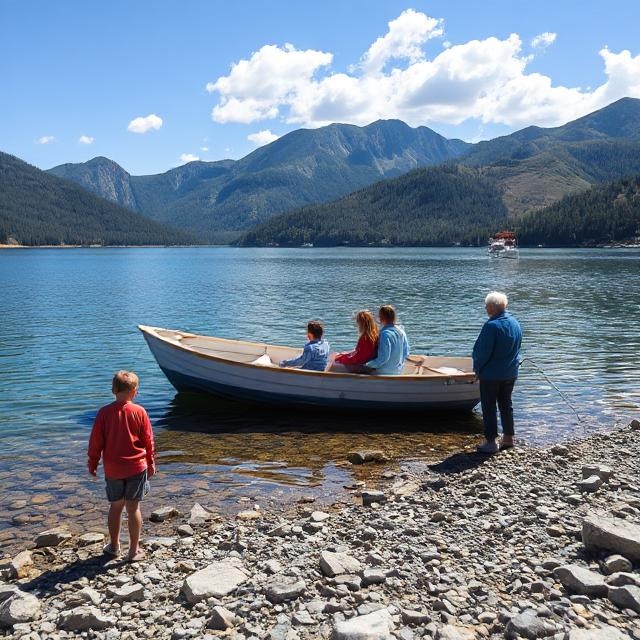 Family doing boat tour in a sunny day
