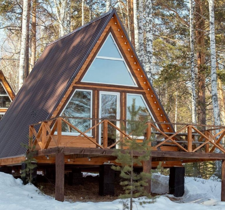 Wooden cabin on winter